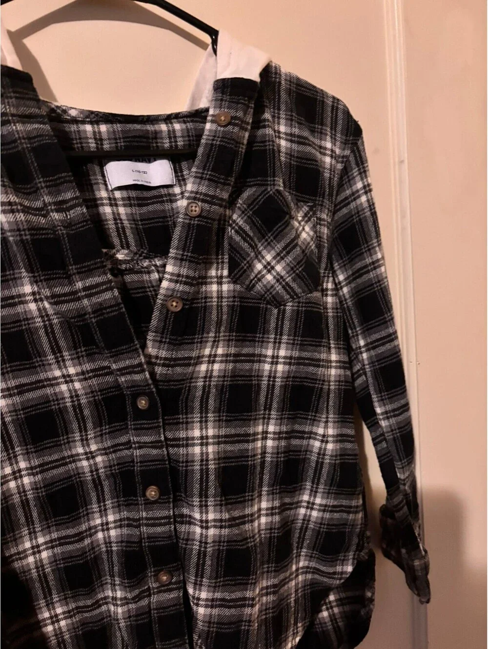 Old Navy Kids's Black and White Plaid Button-Up Hoodie Shirt, Size Large